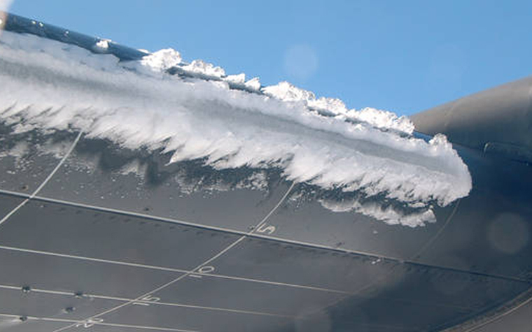 Ice appears on aircraft surfaces at high elevations. Courtesy of NASA